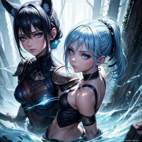 a young girl, 1girl, light blue short ponytail hair, light blue hair!!!, without breasts, blue eyes, little black tight top, little black tight shorts, full body, full body dark forest, incredibly sexy body, detailed face, beautiful detailed eyes, beautifu...