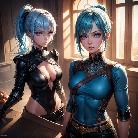 a young girl, 1girl, light blue short ponytail hair, light blue hair!!!, without breasts, blue eyes, little black tight top, little black tight shorts, full body, full body dark forest, incredibly sexy body, detailed face, beautiful detailed eyes, beautifu...