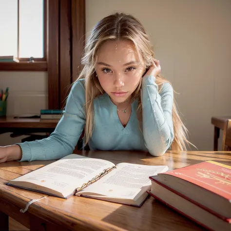 Realistic photo of a beautiful 18 year old (((ALEXIS-REN))), (best quality,ultra-detailed,realistic:1.2),beautiful detailed eyes,beautiful detailed lips, blonde hair, student, classroom, learning,  sitting at desk, books, teacher, pencil 