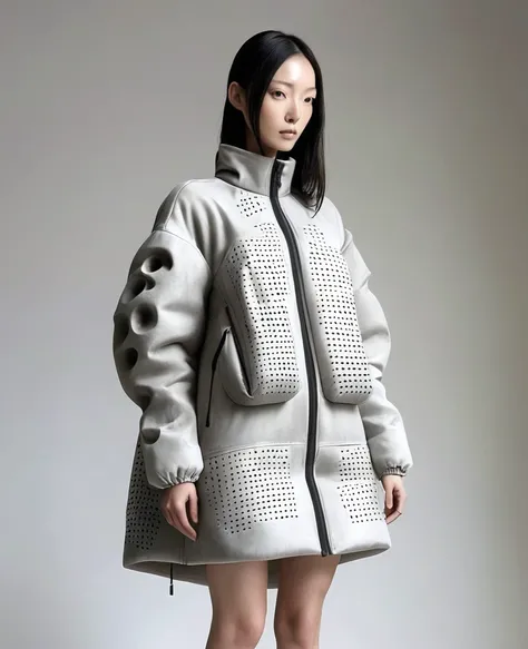 Hybrid Aesthetic Inflatable Jacket，Combined with the aesthetic of cinder block/Concrete and Carpentry/repair. Destroyed and with holes. Wrapped with steel bars. Block. Soft inflatable concrete set with many inflatable pockets，With wooden decoration. The ga...