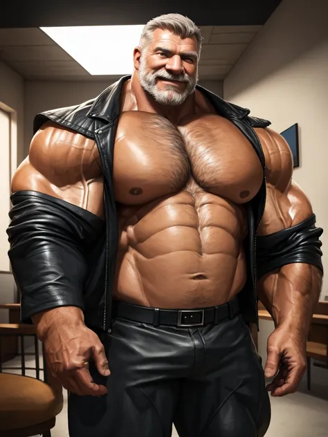 Wide medium shots, ground level camera shot, (best quality, 4k,8k, high res, masterpiece:1.2), ultra-detailed, (realistic,photorealistic,photo-realistic:1.37).,((hyper muscular)) old man wearing black leather jacket, happy, hyper, muscle, hyper pectoral, h...