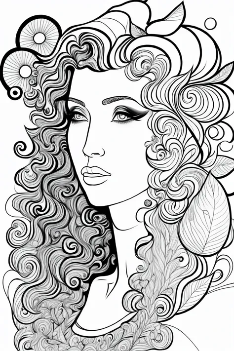 clean black and white only, coloring page for adults, simple cartoon like, beautiful cyberpunk woman, with hat, with beautiful e...