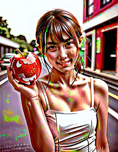 score_9,score_8_up,score_7_up,8k,Portray a person with a cute hairstyle, sporting a sweet smile, while enjoying a candy apple, all depicted in the style of Japanese photography with hyper-realistic portraits. Dress the individual as a cheerleader and incor...