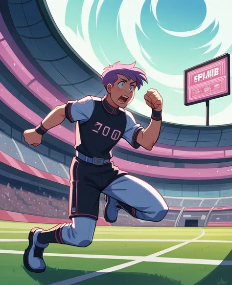 The scene is a futuristic football stadium, with neon lights and advanced architecture.
The grass is perfectly manicured and the stadium is full of spectators with technological devices, like holograms and giant screens.
equipment:

On the right, Team 3B i...