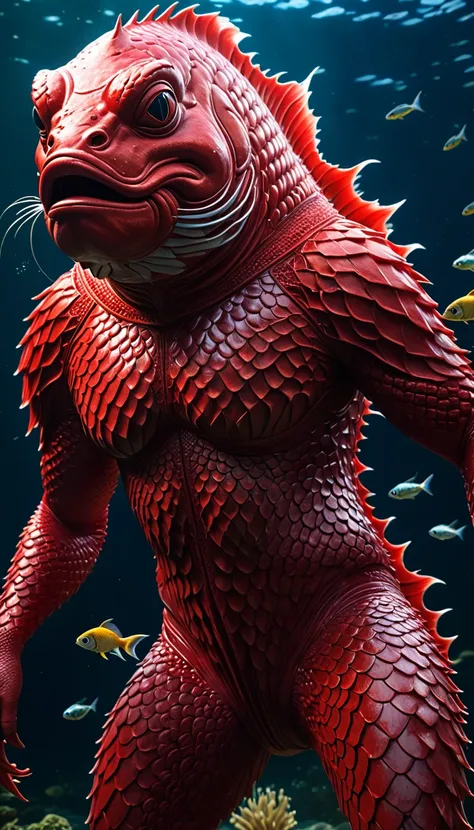 a large red creature with a human head and fish-like body, mysterious creature, chongyou, (best quality, 4k, 8k, highres, master...