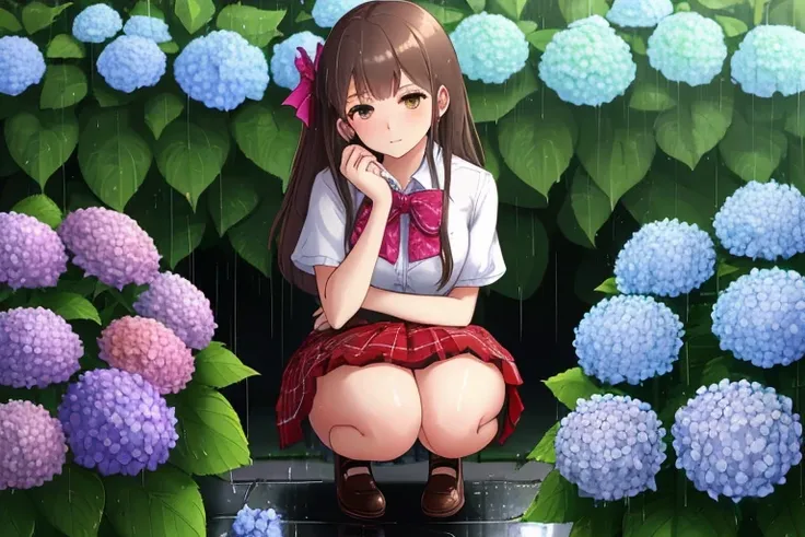 High resolution,high quality,Perfect body,Pouring rain,One Girl,Hydrangea blooming in the garden,A girl squatting next to a hydrangea,Pleated skirt,Above-the-knee skirt,Red Skirt,Plaid,it&#39;s raining