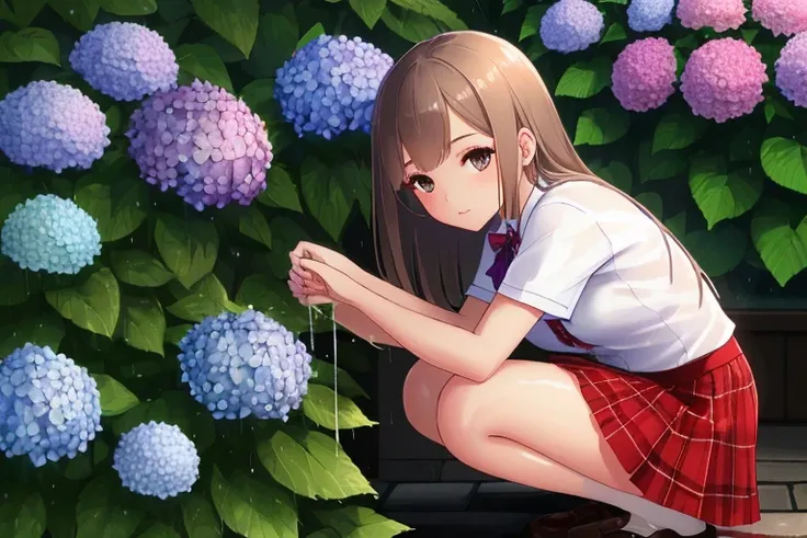 High resolution,high quality,Perfect body,Pouring rain,One Girl,Hydrangea blooming in the garden,A girl squatting next to a hydrangea,Pleated skirt,Above-the-knee skirt,Red Skirt,Plaid,it&#39;s raining