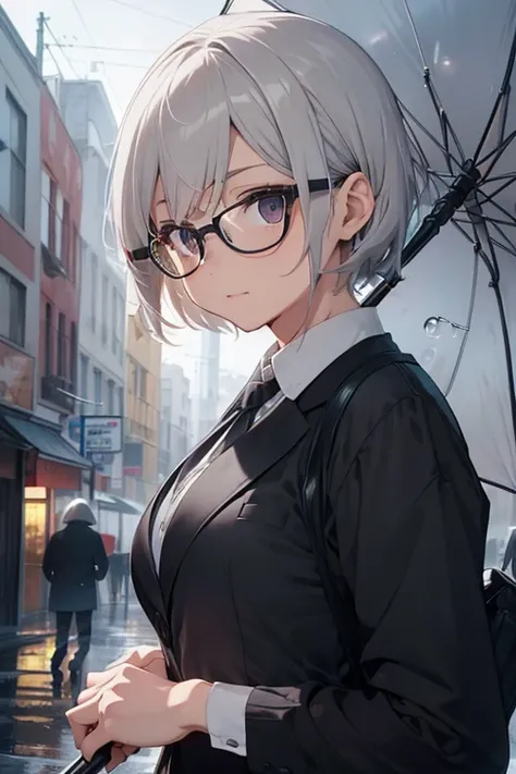 BREAK,female,old,Glasses,Gray Hair,Short Hair,black suits,pov face,BREAK she holds an umbrella in left hand. ,BREAK she holds a pistol in right hand.BREAK {{{masterpiece}}},{best quality},{super detailed},super fine illustration,8K.beautiful background,rai...