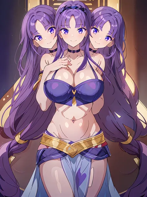 (masterpiece, best quality), best resolution, (3heads:1.5), 1girl, dark purple hair, flowing hair, smiling, soft smile, open belly, dark blue-purple crop top, purple-dark blue miniskirt, open breasts, huge tits, sexy pose, beautiful eyes, headband, blue ey...