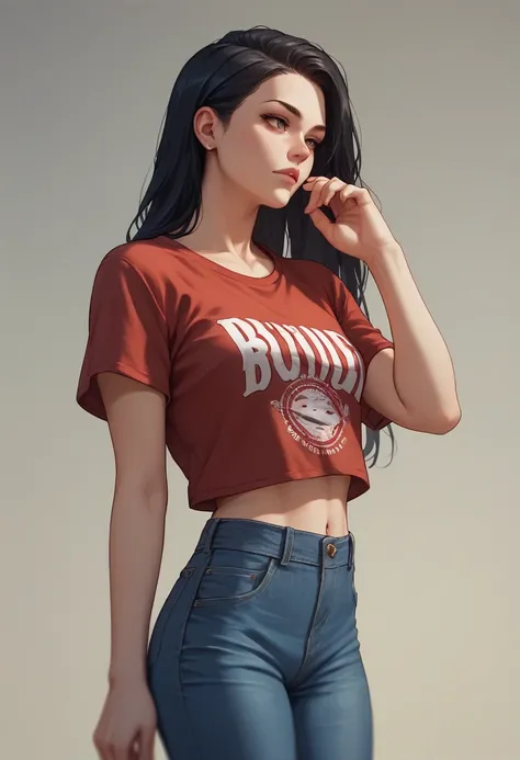 Beautiful face, Black hairs, wearing short sleeves red printed t-shirt and blue jeans 