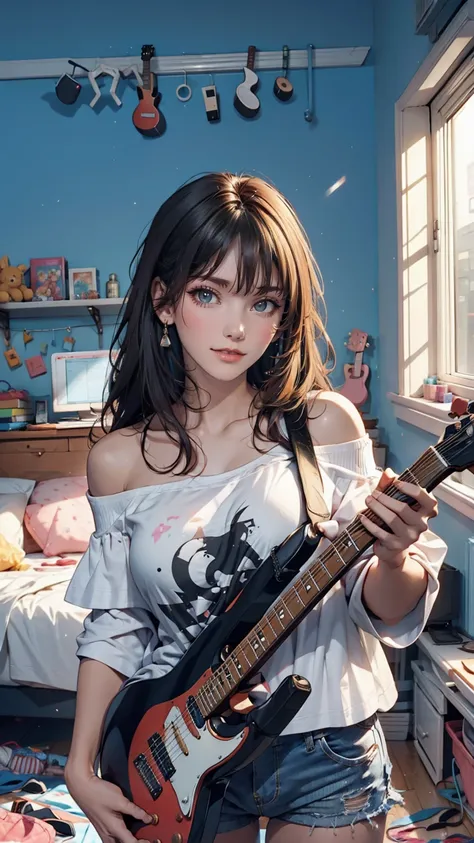 mouth, One girl, alone, In a messy room, guitar,smile、Off-the-shoulder T-shirt