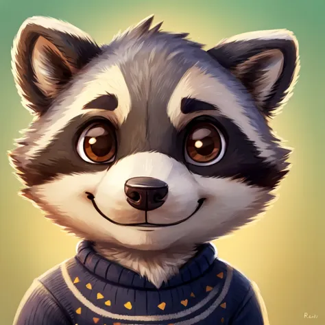 headshot of a cute and grey fur anthropomorphic raccoon, closed smile, animal crossing style, he has brown eyes, grey ears, he's...