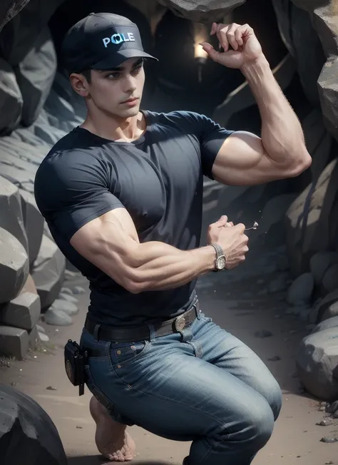 (Man walking in the city in the middle of the road),(crew cut hair:1.3),black eye,(Wear a fitted round neck t-shirt in navy with a police badge.:1.5),(fit neck),Navy blue jeans,(black_gloves:1.2),Korean guy,chest muscles,large arm muscles,blood vessel,Big ...