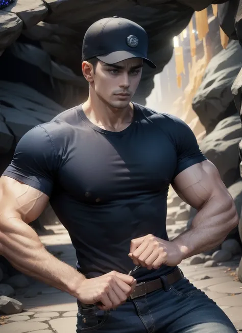 (Man walking in the city in the middle of the road),(crew cut hair:1.3),black eye,(Wear a fitted round neck t-shirt in navy with a police badge.:1.5),(fit neck),Navy blue jeans,(black_gloves:1.2),Korean guy,chest muscles,large arm muscles,blood vessel,Big ...