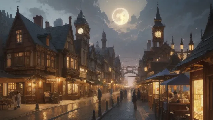 steampunk,Town,Futuristic,sf,night、beautiful、Fantasy