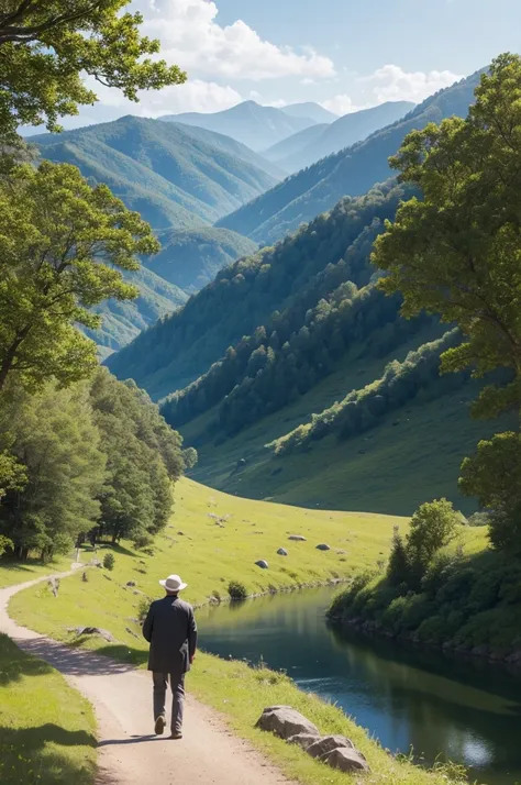 A 70 year old man, He is far away, in a beautiful landscape. He expresses gratitude.