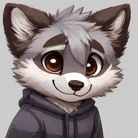 headshot of a cute and grey fur anthropomorphic raccoon, closed smile, chibi style, he has brown eyes, grey ears, he's dressed w...