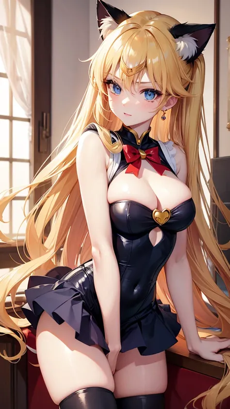 cat girl,long blonde hair,blue eyes,sexy,big chest,dressed as sailor moon sexy red and black