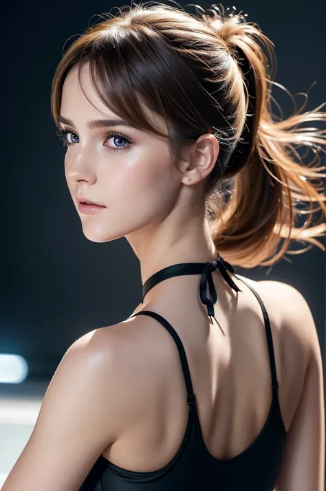 Close-up of a woman with a ponytail and a black dress, Emma Watson wearing fancy fish, Emma Watson, photo of Emma Watson in swimsuit, Emma Watson wearing a swimsuit, Emma!! Watson!!, photo of Emma Watson, of Emma Watson, Emma Watson as driada, face of Emma...