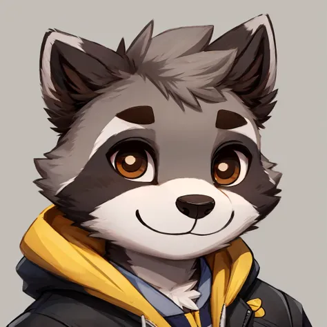 headshot of a cute and grey fur anthropomorphic raccoon, closed smile, chibi style, he has brown eyes, grey ears, hes dressed with a jacket, high quality furry art, high quality fursona ref.