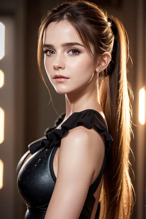 Close-up of a woman with a ponytail and a black dress, Emma Watson wearing fancy fish, Emma Watson, photo of Emma Watson in swimsuit, Emma Watson wearing a swimsuit, Emma!! Watson!!, photo of Emma Watson, of Emma Watson, Emma Watson as driada, face of Emma...