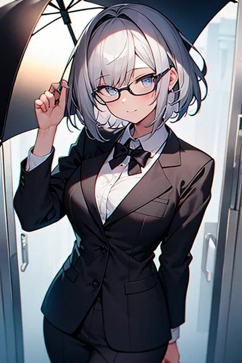 BREAK,female,old,Glasses,Gray Hair,Short Hair,black suits,pov face,BREAK she holds an umbrella in left hand.BREAK {{{masterpiece}}},{best quality},{super detailed},super fine illustration,8K.beautiful background,rain,detailed background,8K quality,ultra qu...