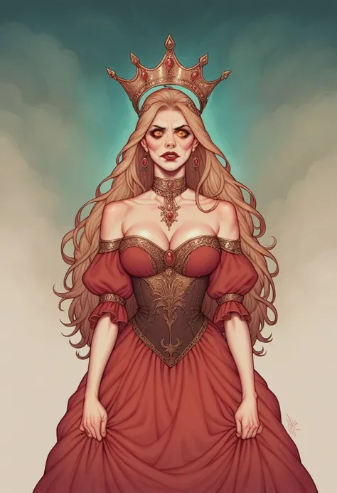 A goddess in shabby red dress ,wear crown, have a long hair in red, with scary devil face 