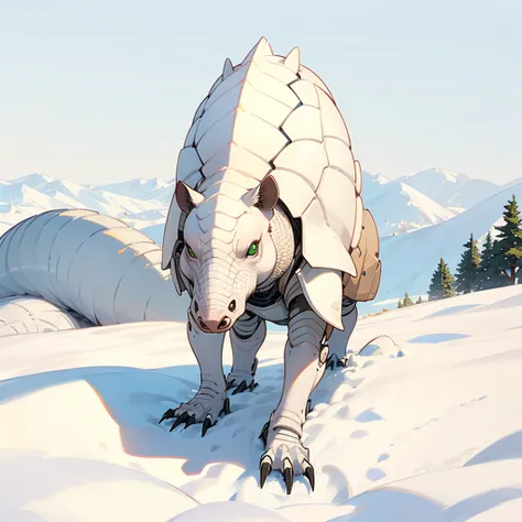 1character, Full body version, white Armadillo mixed with piq, green eyes, golden skins, Grassroots in snow,