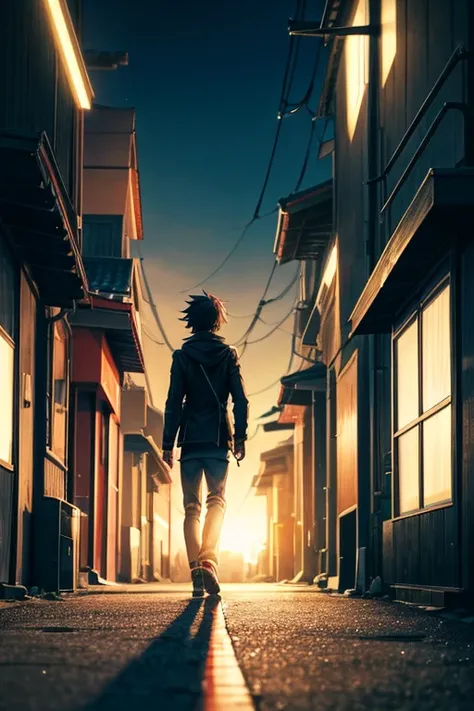 Anime Style。The protagonist walks alone along a quiet road at night。He gazes anxiously into the distance,、The warm memories in his heart light his path.。In the Dark、A ray of light shows him the way。 