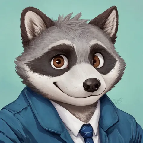 headshot of a cute and grey fur anthropomorphic raccoon, closed smile, he has brown eyes, he's dressed with a blue jacket, high ...