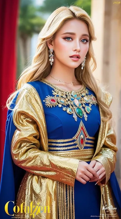 Very beautiful European beauty blonde hair princess crystal eyes glowing hyper realistic super detailed Dynamic shot masterpiece Full outfit Moroccan caftan red and blue covers