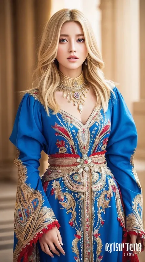 Very beautiful European beauty blonde hair princess crystal eyes glowing hyper realistic super detailed Dynamic shot masterpiece Full outfit Moroccan caftan red and blue covers