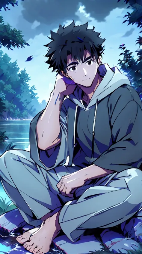 ((Highest quality)), ((masterpiece)), (detailed), Highest quality、High resolution、８K、A plain black hoodie、One adult male、33 years old、Sharp black eyes、Slightly permed black hair、Japanese anime-like style、超High resolutionかわいい萌えアニメ8k、handsome face manly、Slen...