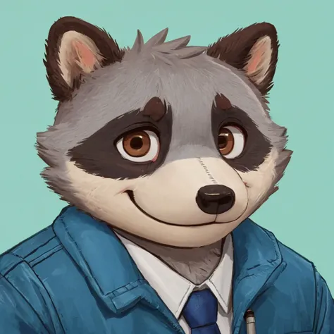 headshot of a cute and grey fur anthropomorphic raccoon, closed smile, he has brown eyes, animal crossing style, hes dressed with a blue jacket, high quality furry art, high quality fursona ref.