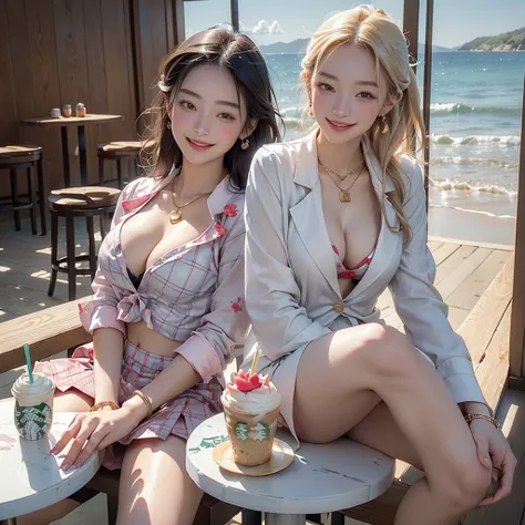 8K、RAW Photos、Highest quality、Super detailed、Super Resolution、Ultra HD、8K壁紙、Amazing details blazer uniform girl ((White blouse with formal collar, Blue Blazer, 
Red Check Skirt, Red checkered ribbon on blouse)), Complete limbs, Full Finger, 
(((((Starbucks...