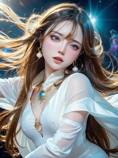 4K Ultra HD, masterpiece, A girl with a magical aura, Nice face, Long Hair, Shiny Hair, fine grain, Glossy Lips,, Aura around the body, Magical Effects, Spreading white light, Cosmic elements and ethereal atmosphere, A mix of bright lights and colorful neb...