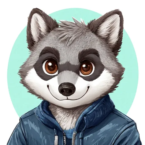 headshot of a cute and grey fur anthropomorphic raccoon, closed smile, he has brown eyes, grey ears, he's dressed with a blue ja...