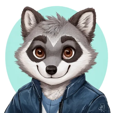 headshot of a cute and grey fur anthropomorphic raccoon, closed smile, he has brown eyes, grey ears, he's dressed with a blue ja...