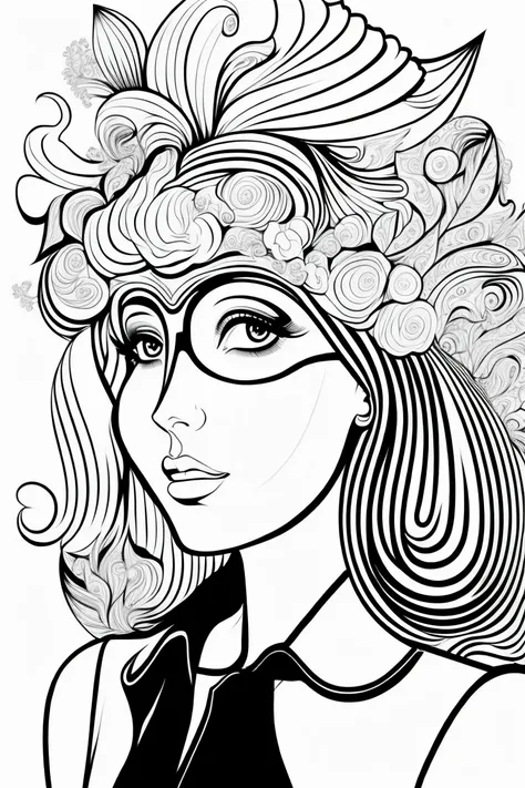 clean black and white only, coloring page for adults, simple cartoon like, beautiful cyberpunk woman, with hat, with beautiful e...