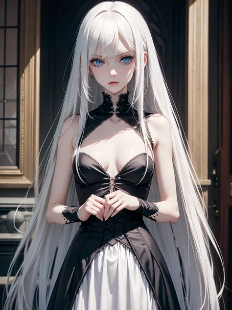 (best quality), 1girl, female, pale skin, white hair, long hair, swept bangs, straight hair, blue eyes, perfect eyes, , slender, flat chest, shy, (gothic clothes), masterpiece, anatomically correct, highres
