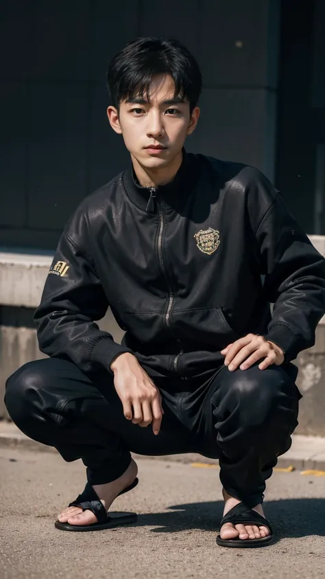 In this fascinating photo、The photo shows a handsome Korean man, 35 years old.、He is wearing a black tracksuit and black sandals.、 He was crouching on the edge of an outdoor street environment.., Colorful dust, Holi Festival, Bathed in the golden light of ...