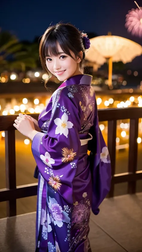 night、A glamorous atmosphere、firework、Matte fabric、Purple yukata with large floral pattern、Cotton kimono、stylish （night景、night、smile）、night空、bangs、No makeup、（masterpiece、8K,RAW Photos、High resolution:1.4）、girl&#39;Her calm expression is accentuated by her ...