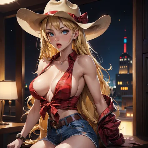 ((((One Woman:2.0)))),(((Cowgirl Costume))),(((thin))),(((Small breasts))),(((Low waist denim shorts))),(((Wear a western hat))),(((wear a leather belt))),(((He is wearing a red short-sleeved plaid tie-front shirt。))),(((wear the watch))),(((Showing cleava...