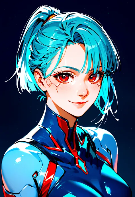 score_9, score_8_up, score_7_up, (high res, best quality, masterpiece), 1woman, female focus, (cyan hair, beautiful red eyes, short hair, ponytail), looking at viewer, bodysuit, cyberpunk, small smile, upperbody, blank background,