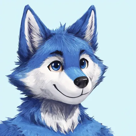 headshot of a cute and anthropomorphic blue colored fur wolf, closed smile, high quality furry art, animal crossing style.