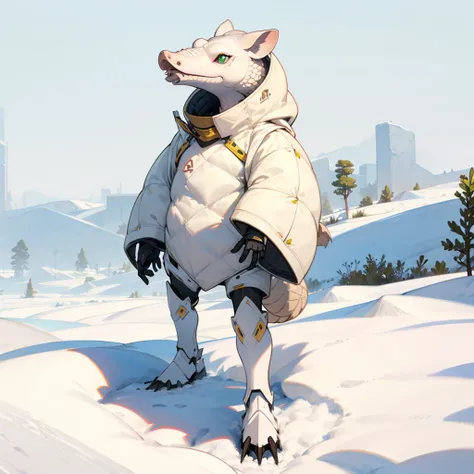 1character, Full body version, white Armadillo mixed with piq, green eyes, gold skins, Grassroots in snow,