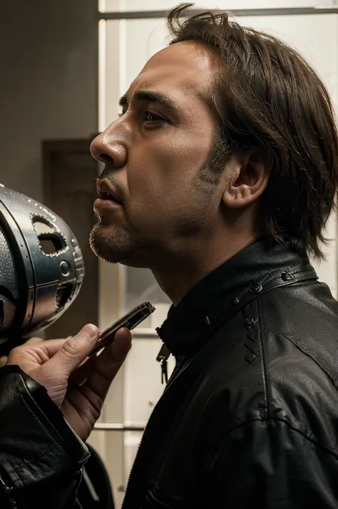 ((best quality)), ((masterpiece)), (detailed), Side View of Nicolas Cage transforming into ghost rider,