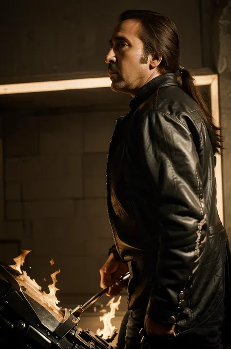 ((best quality)), ((masterpiece)), (detailed), Side View of Nicolas Cage transforming into ghost rider,