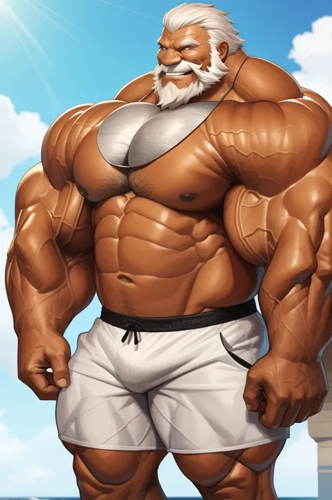 solo, 1boy, perfect anatomy, perfect proportion, smile, grinning, big eyes, happy. Bulging muscle:1.2, Huge Muscular Old man wearing corwn and king cloack with short hair ,(white shorts), view from side, pectoral, thick arms, huge pectoral, wide pectoral, ...