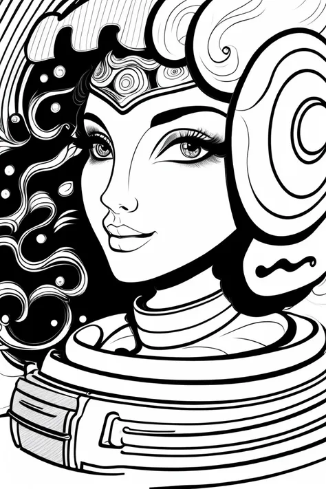 clean black and white only, coloring page for adults, simple cartoon like, beautiful cyberpunk woman, with hat, with beautiful eyes and full curly hair or straight hair, thick lines, low detail, flawless line art, --ar 9:11 art deco style